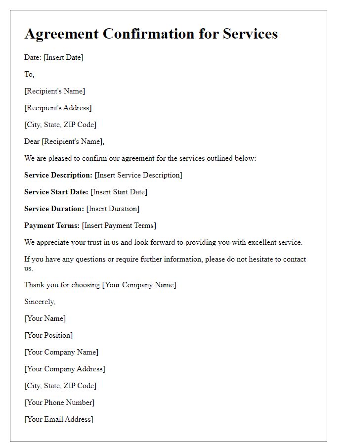 Letter template of Agreement Confirmation for Services