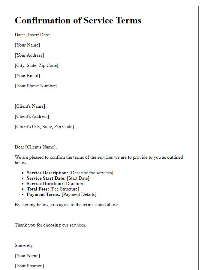 Letter template of Confirmation of Service Terms