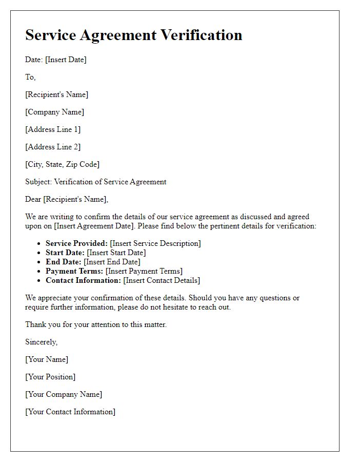 Letter template of Service Agreement Verification