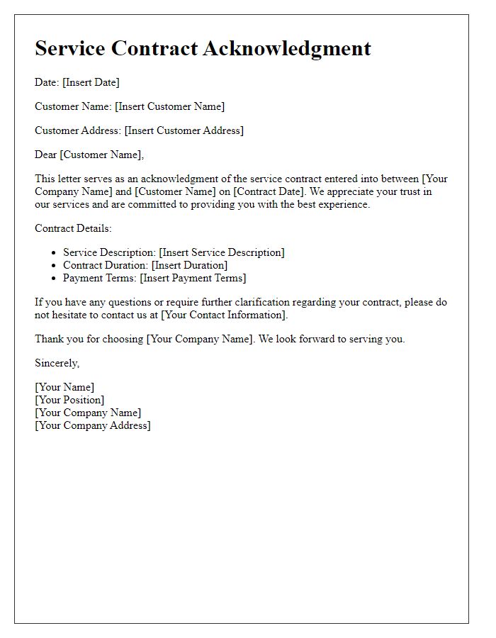 Letter template of Service Contract Acknowledgment