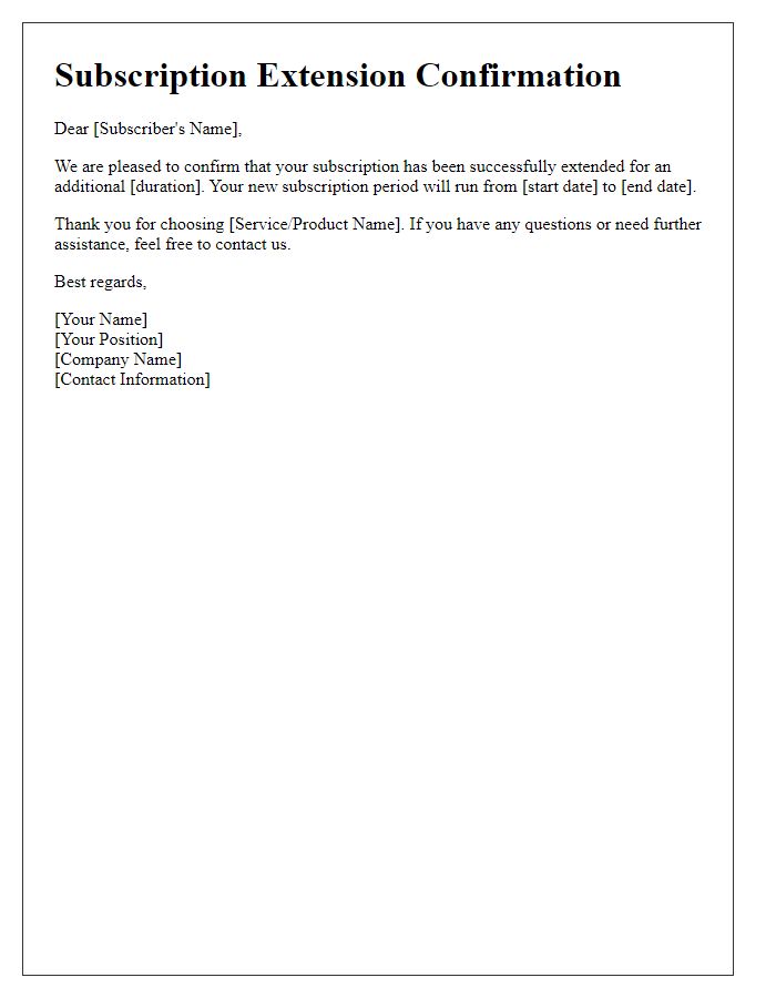 Letter template of confirmation letter for subscription extension