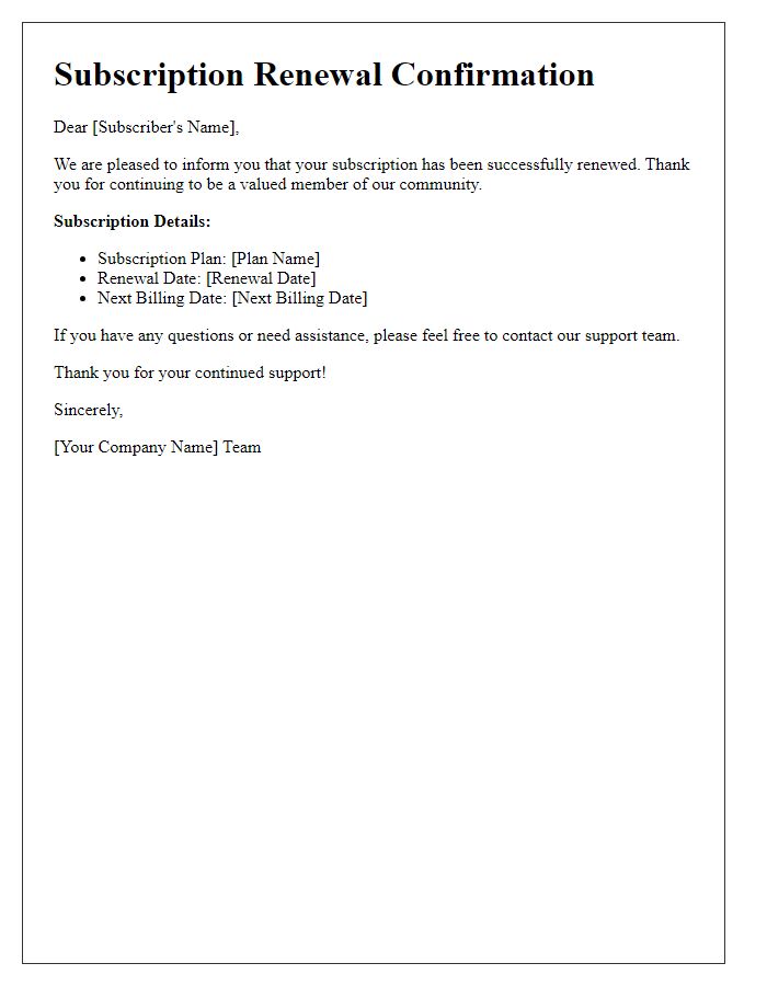 Letter template of notification for successful subscription renewal