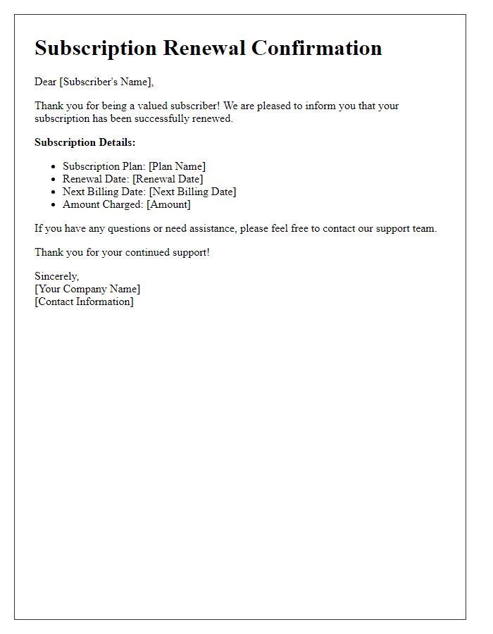 Letter template of subscription renewal confirmation notice