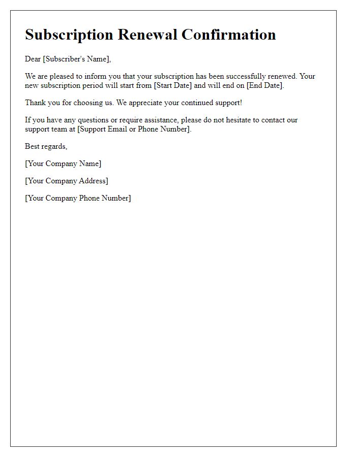 Letter template of subscription renewal confirmation