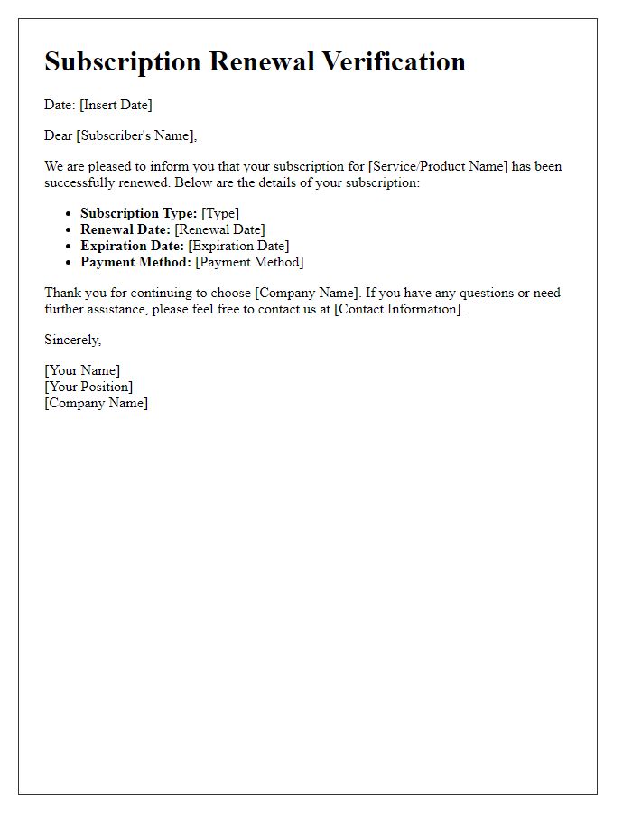 Letter template of verification for subscription renewal