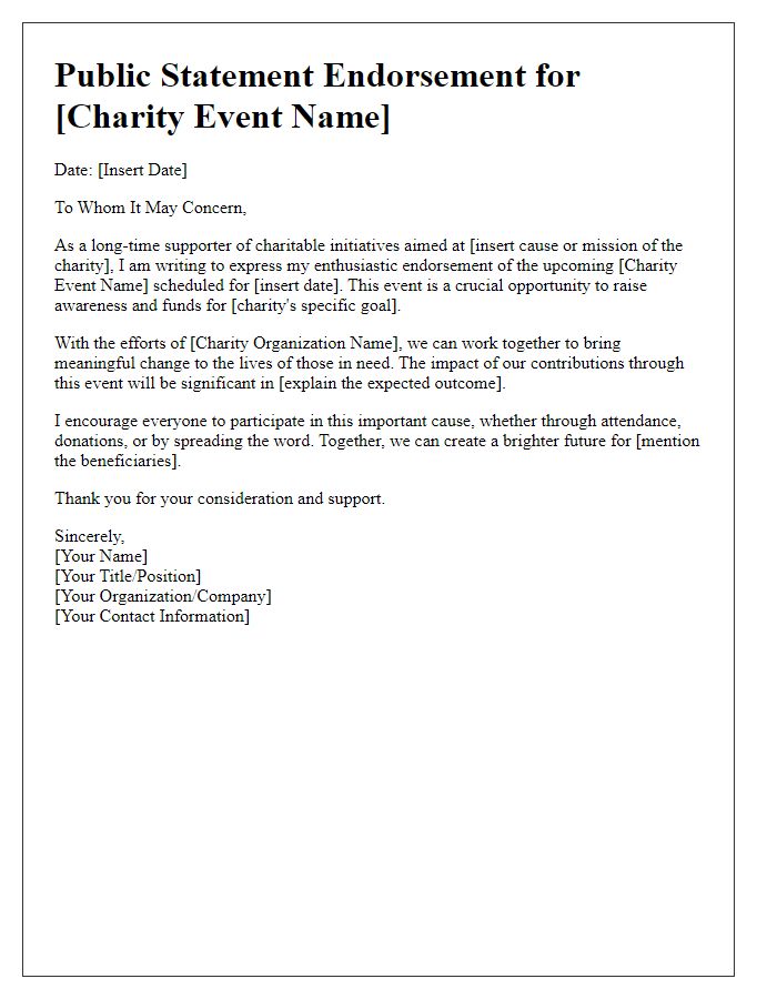 Letter template of public statement endorsement for charity events