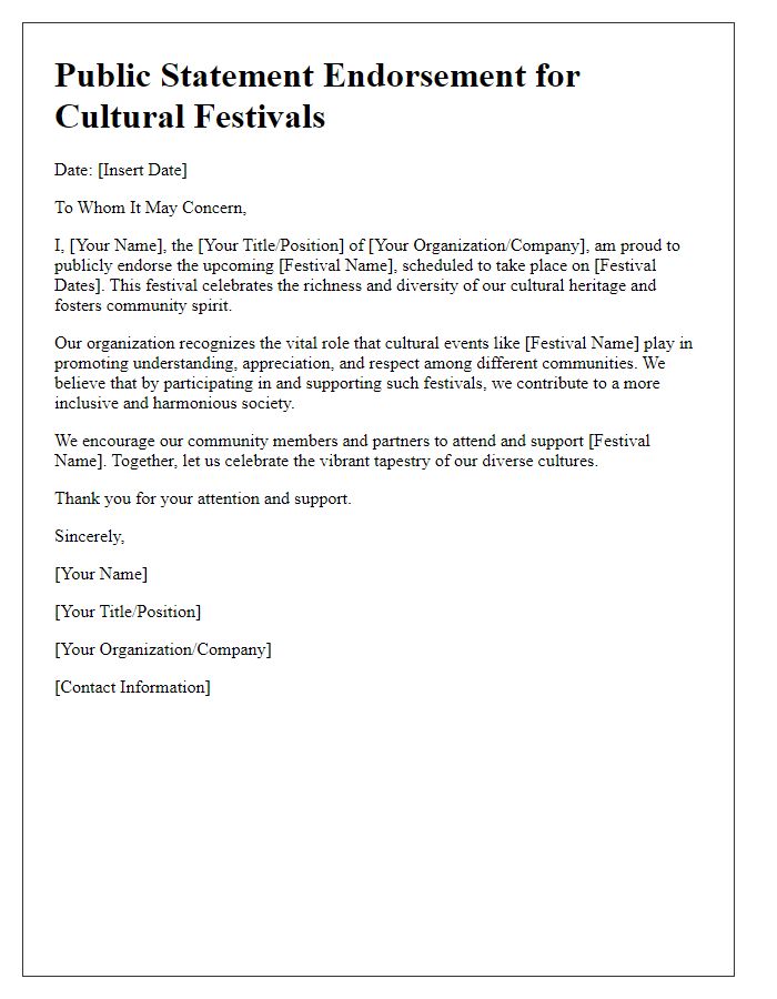 Letter template of public statement endorsement for cultural festivals