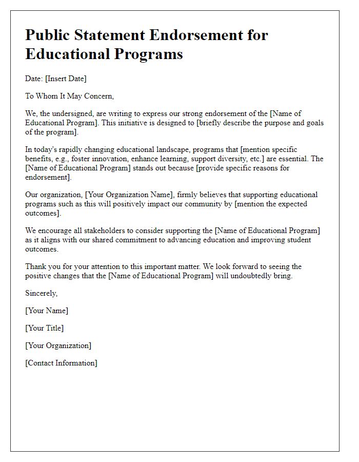 Letter template of public statement endorsement for educational programs