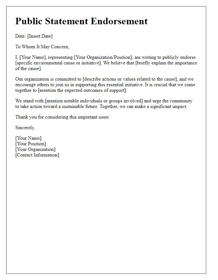 Letter template of public statement endorsement for environmental causes