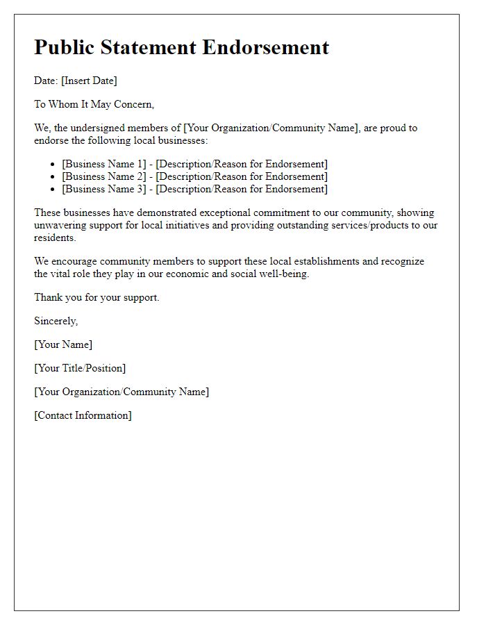 Letter template of public statement endorsement for local businesses