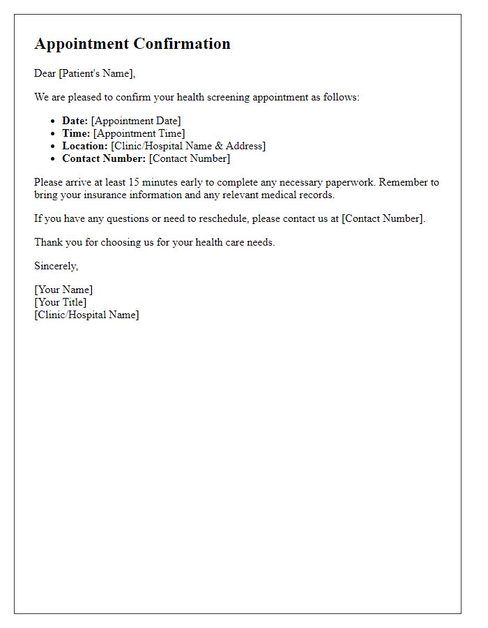 Letter template of health screening appointment confirmation