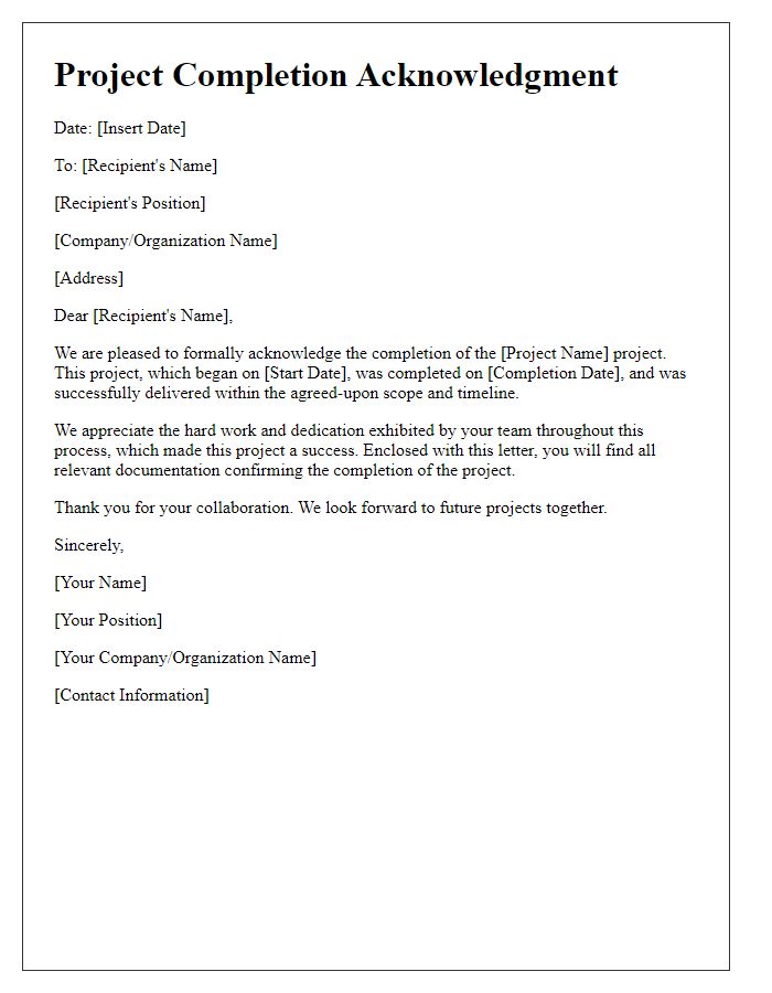 Letter template of Acknowledgment of Completed Project