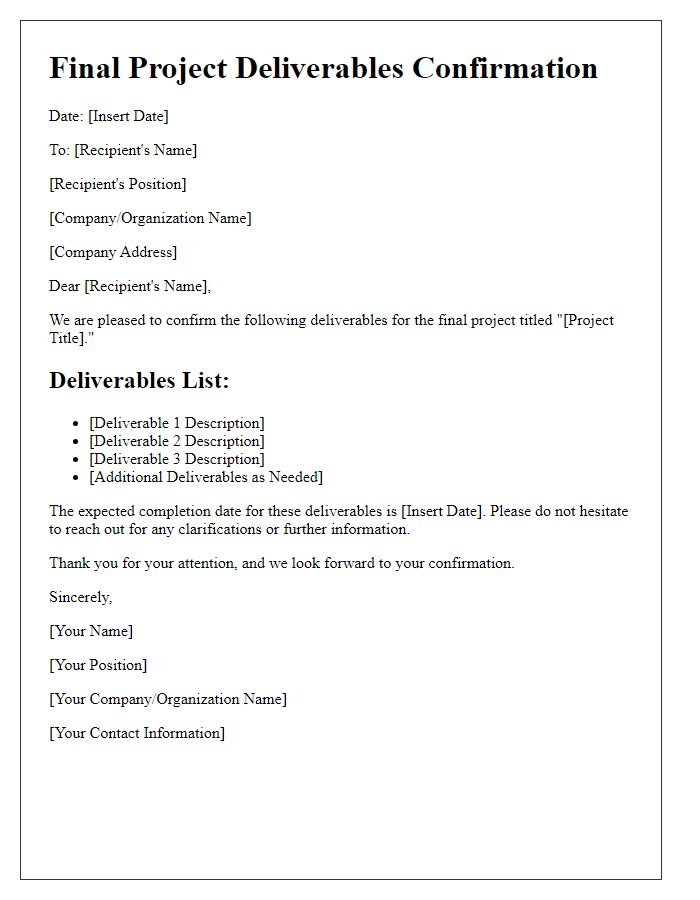 Letter template of Final Project Deliverables Confirmation