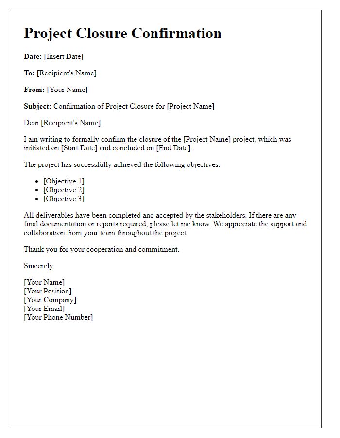 Letter template of Project Closure Confirmation