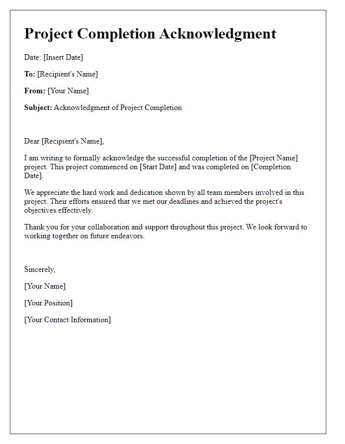 Letter template of Project Completion Acknowledgment