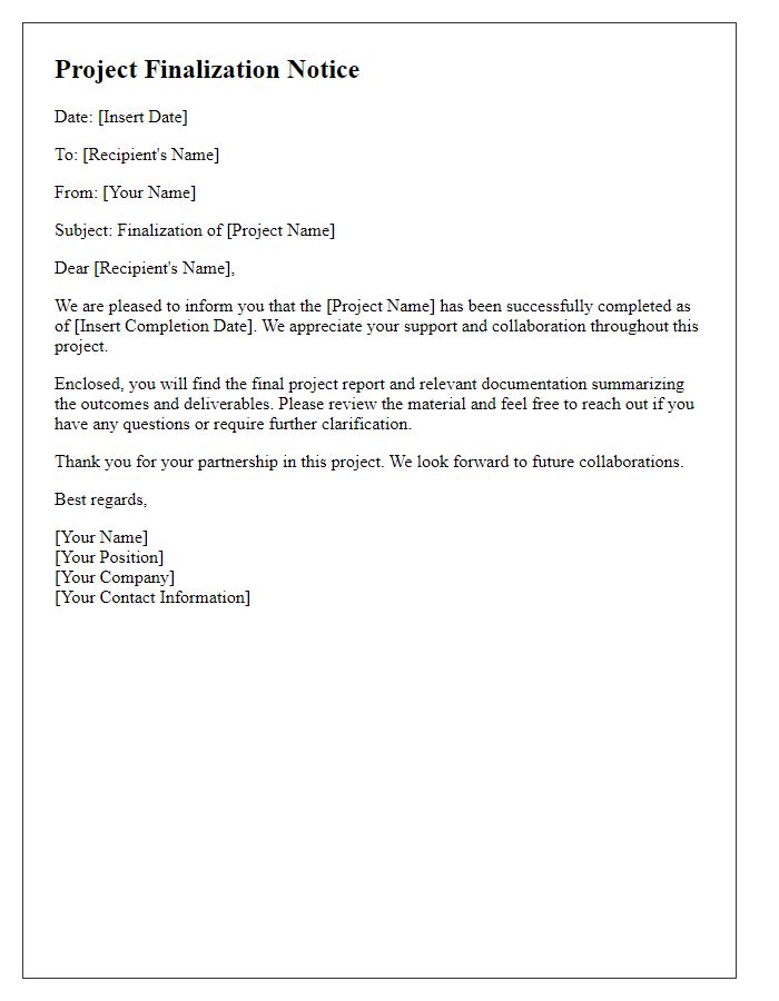 Letter template of Project Finalization Notice