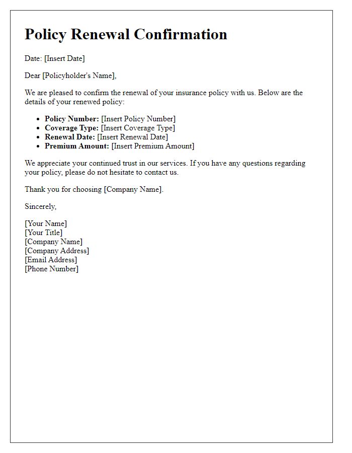 Letter template of confirmation letter for policy renewal