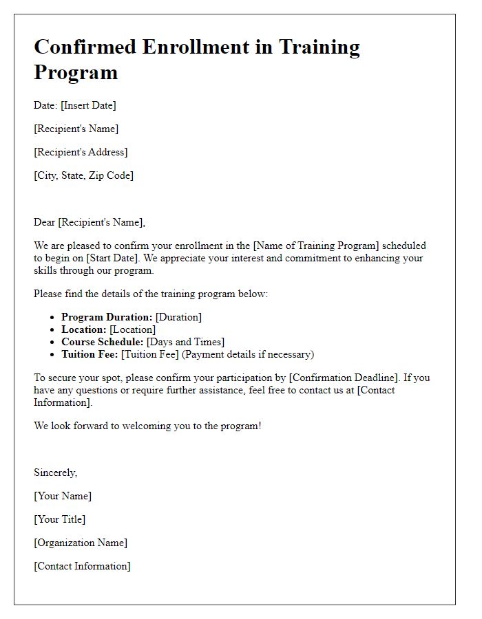 Letter template of confirmed enrollment in the training program