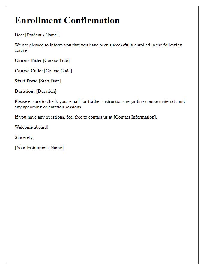 Letter template of enrollment confirmation for the selected course