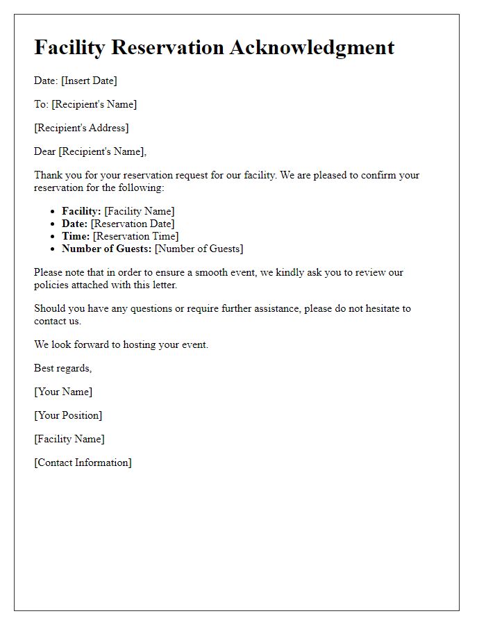 Letter template of facility reservation acknowledgment