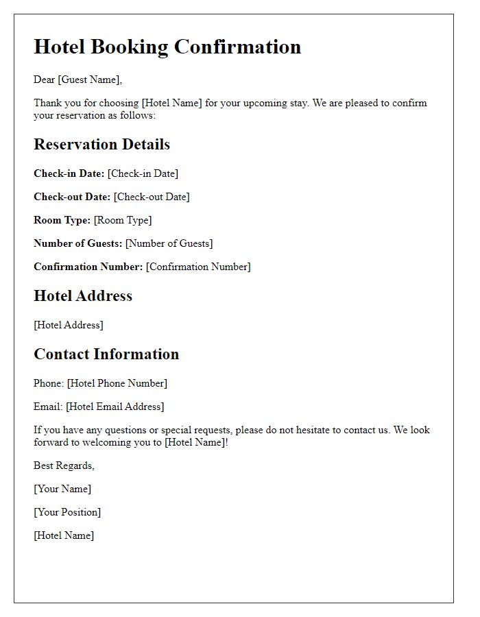 Letter template of hotel booking affirmation