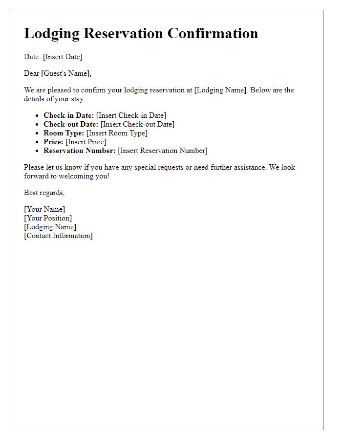 Letter template of lodging reservation notice