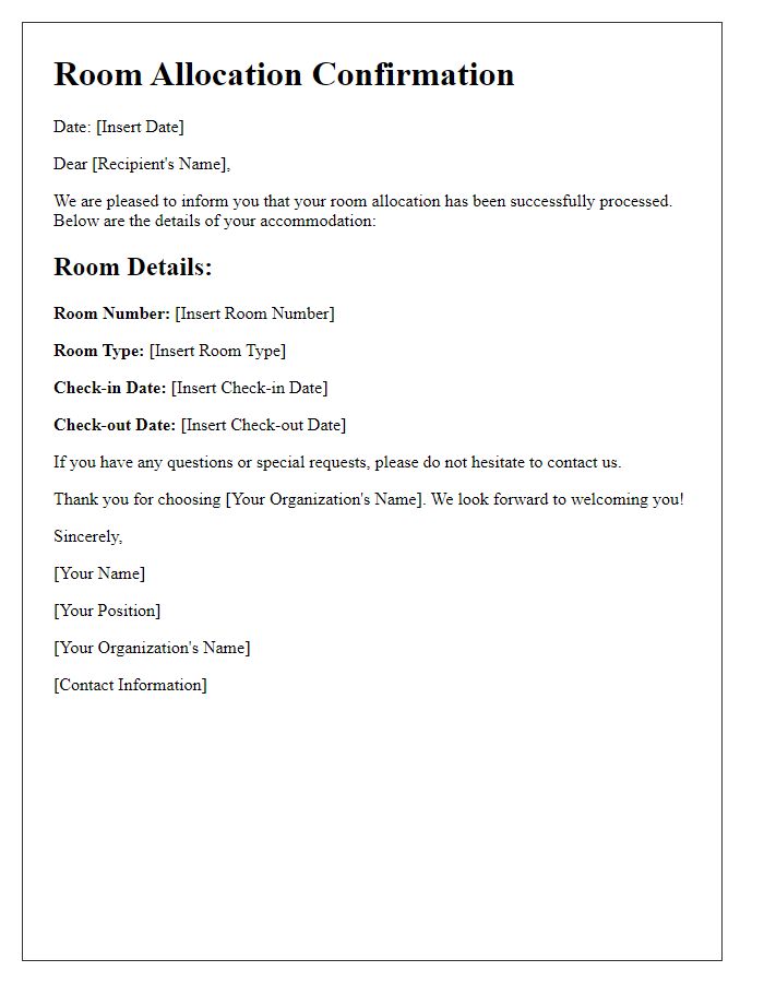 Letter template of room allocation confirmation