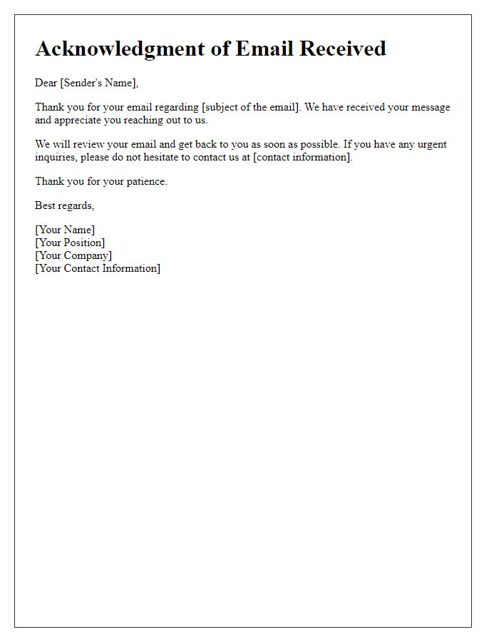 Letter template of acknowledgment for email received