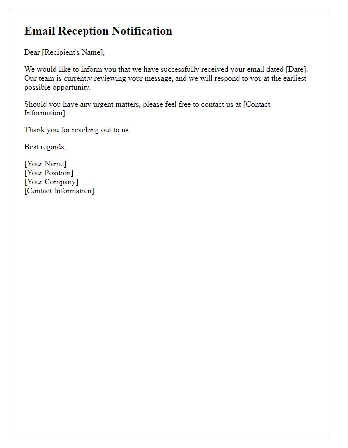 Letter template of notification for email reception