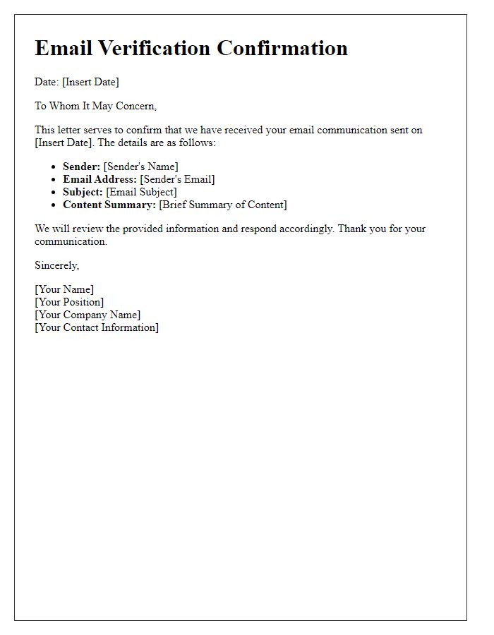 Letter template of verification for received email communication