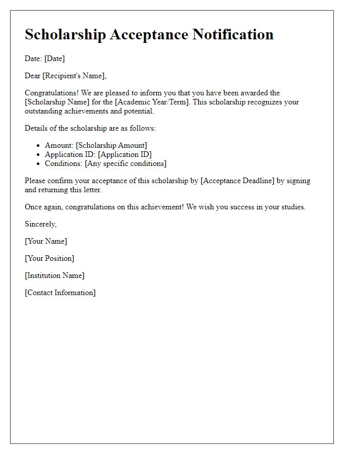 Letter template of scholarship acceptance notification.