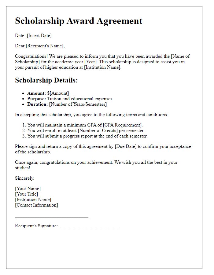 Letter template of scholarship award agreement.