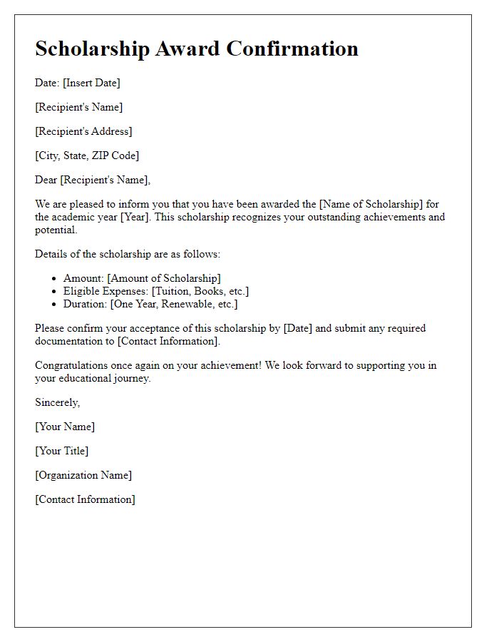 Letter template of scholarship award confirmation.