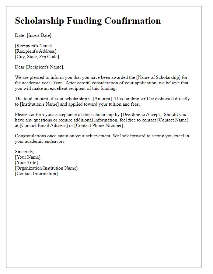 Letter template of scholarship funding confirmation.