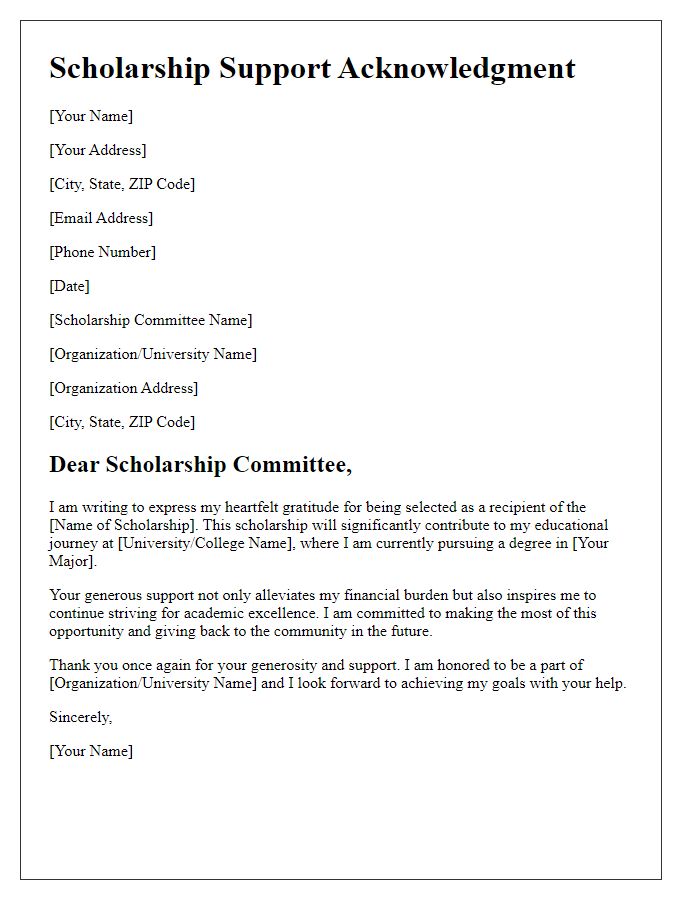 Letter template of scholarship support acknowledgment.