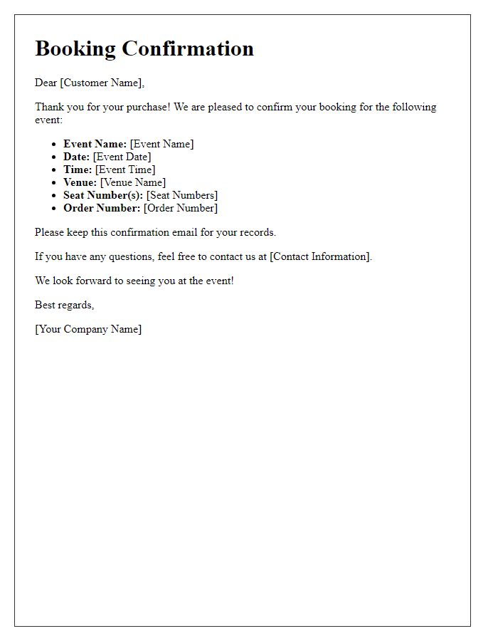 Letter template of booking confirmation for event tickets