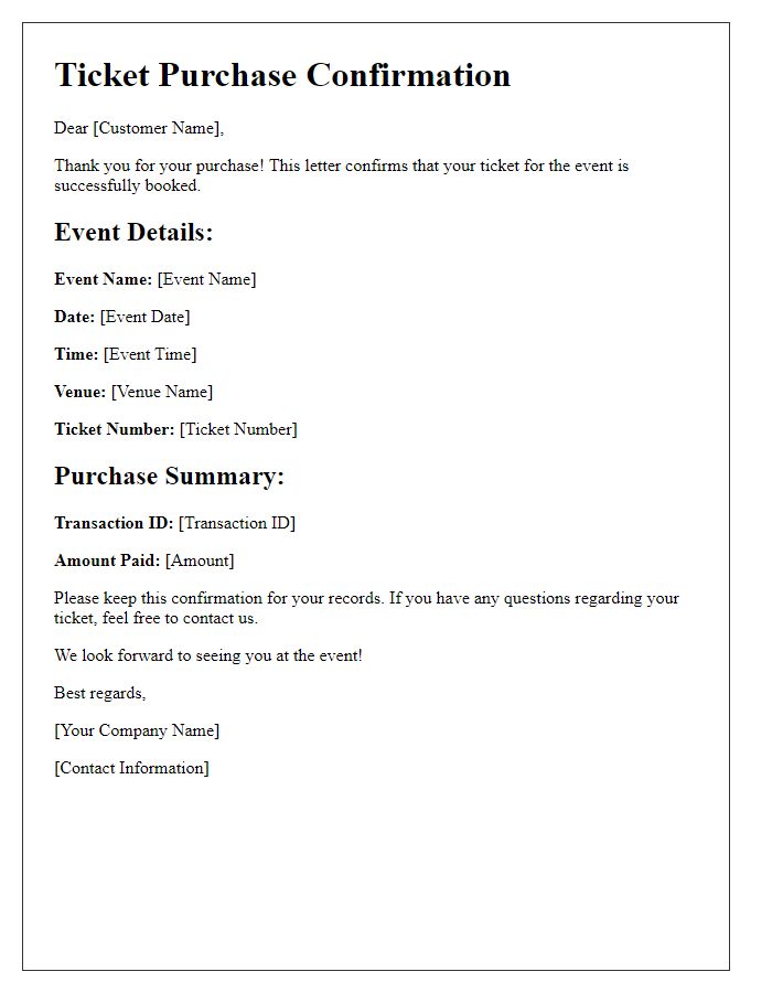 Letter template of confirmed ticket purchase