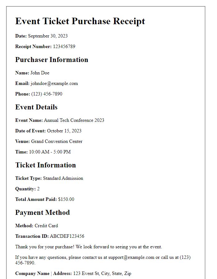 Letter template of event ticket purchase receipt