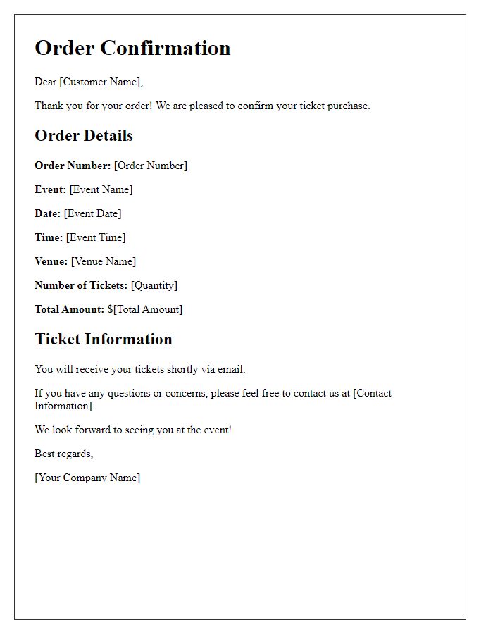 Letter template of order confirmation for tickets