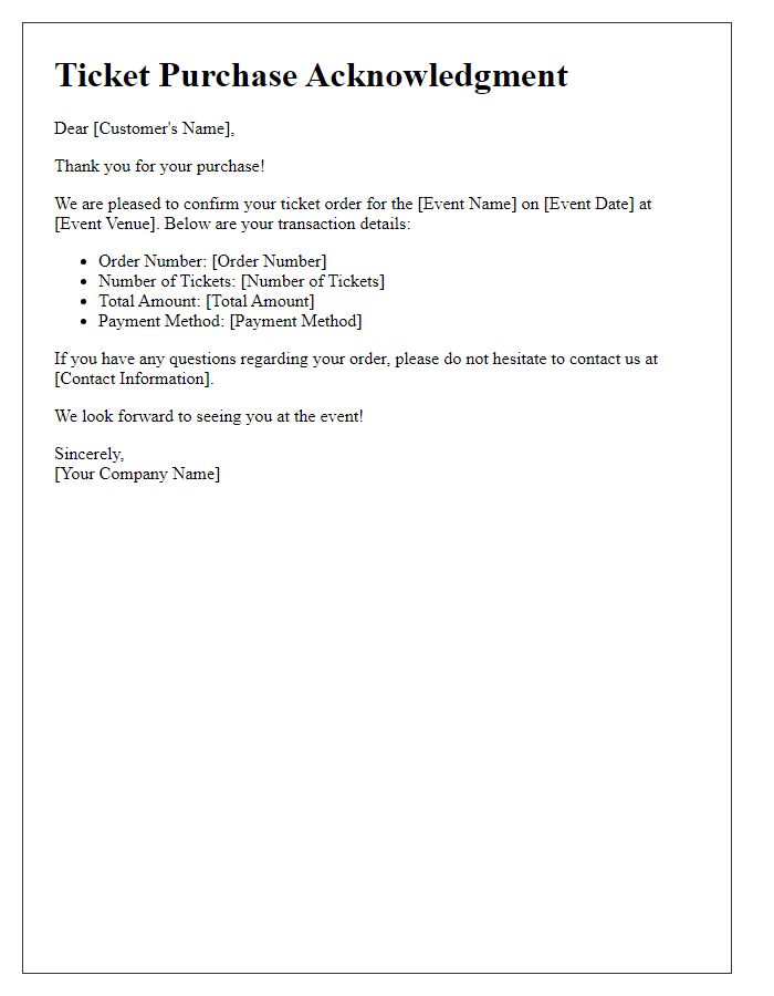 Letter template of ticket purchase acknowledgment