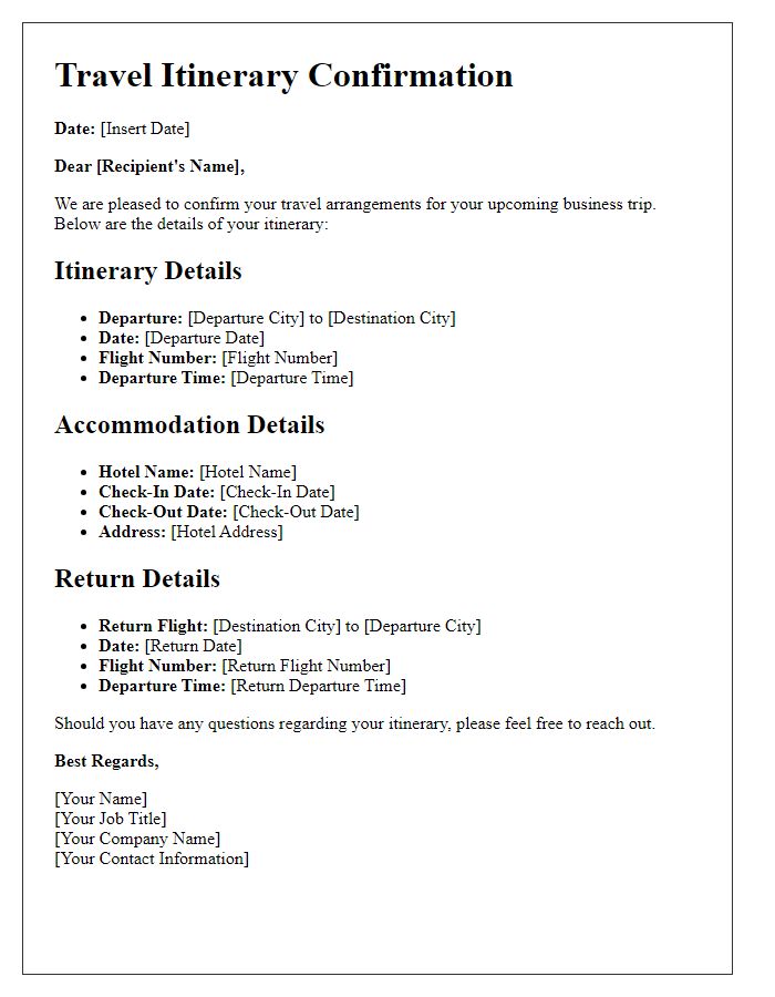 Letter template of travel itinerary confirmation for business trip.