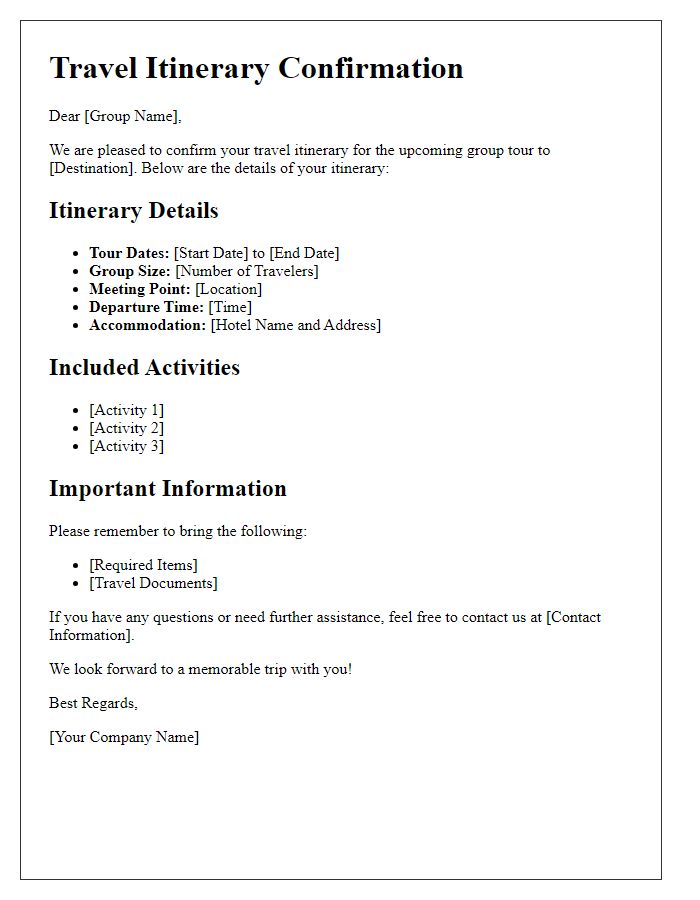 Letter template of travel itinerary confirmation for group tour.