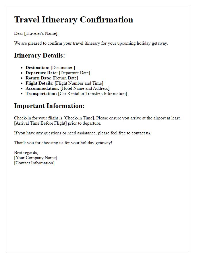 Letter template of travel itinerary confirmation for holiday getaway.