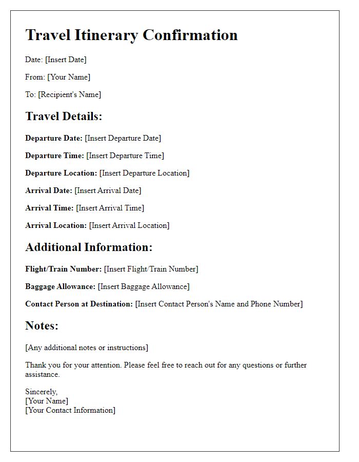 Letter template of travel itinerary confirmation for relocation purposes.