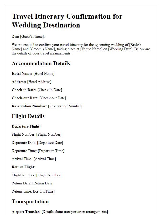 Letter template of travel itinerary confirmation for wedding destination.