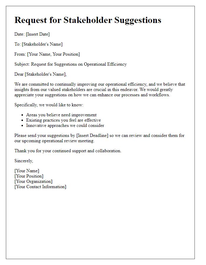 Letter template of stakeholder suggestions request for operational efficiency