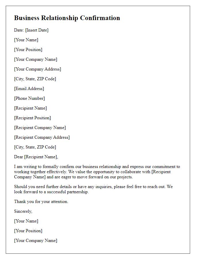 Letter template of business relationship confirmation