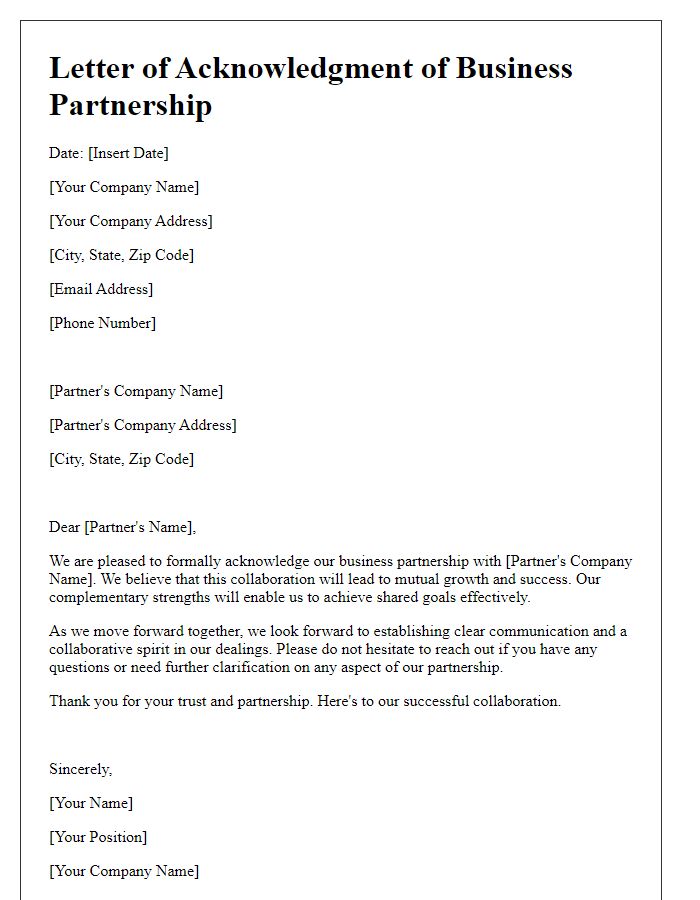 Letter template of formal acknowledgment of business partnership