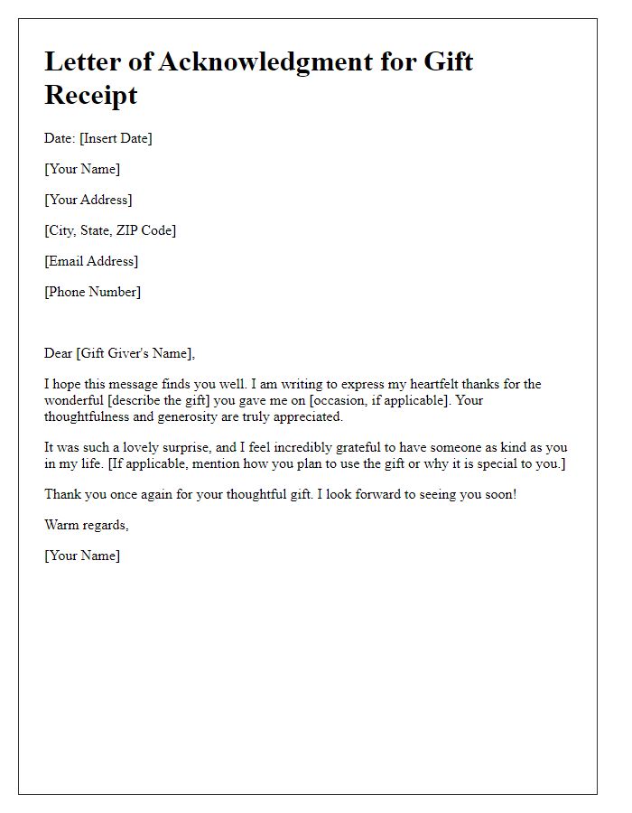 Letter template of acknowledgment for gift receipt