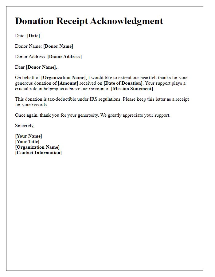 Letter template of donation receipt acknowledgment